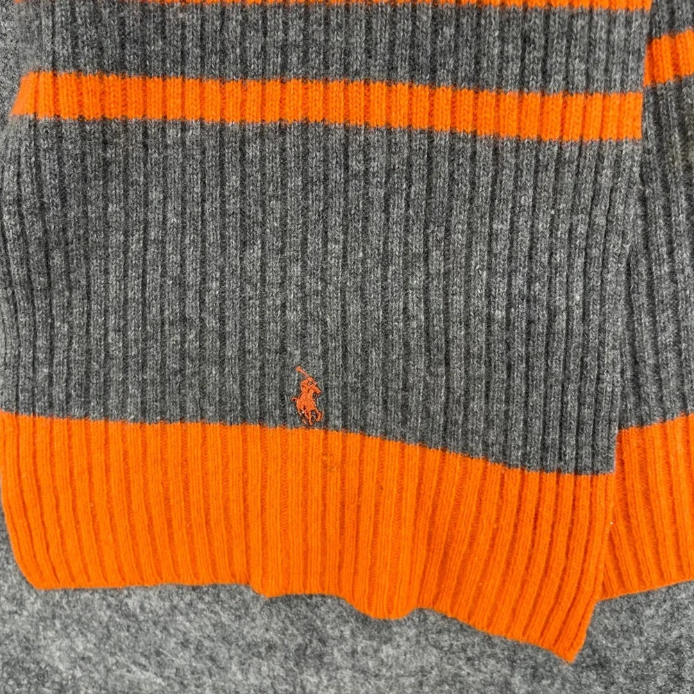 Polo Ralph Lauren Scarf Lambswool Ribbed Knit Striped Grey Orange Pony Logo